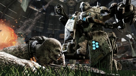 2011_gearsofwar3 Silverback mech about to stomp a Locust