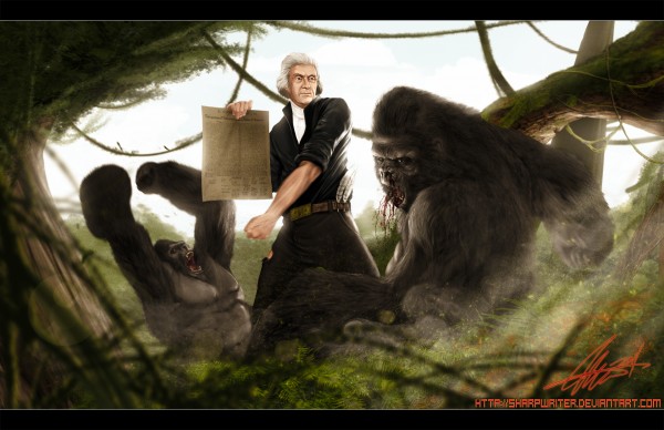 Just to be clear: Thomas Jefferson only fought British mercenary gorillas who tried to keep him from writing the 1st Amendment.