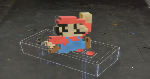 Hey! Watch! 3D 8-Bit Time Lapse Mario Chalk Art